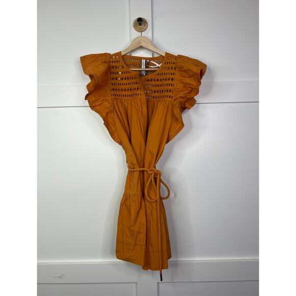 NWT Scarlet Poppies Flutter Sleeve Ishrant Short Dress Golden Oak Size: Medium - Picture 2 of 8